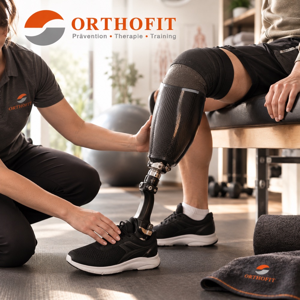 Therapeutin unterstützt Patienten mit Beinprothese beim Training